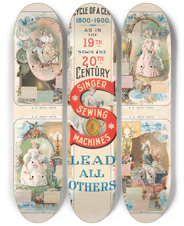 Triptych art skateboard deck of A Hoen Co The Cycle Of A Century 18001900 Singer Sewing Machines Lead All Others by A. Hoen & Co. (1835)