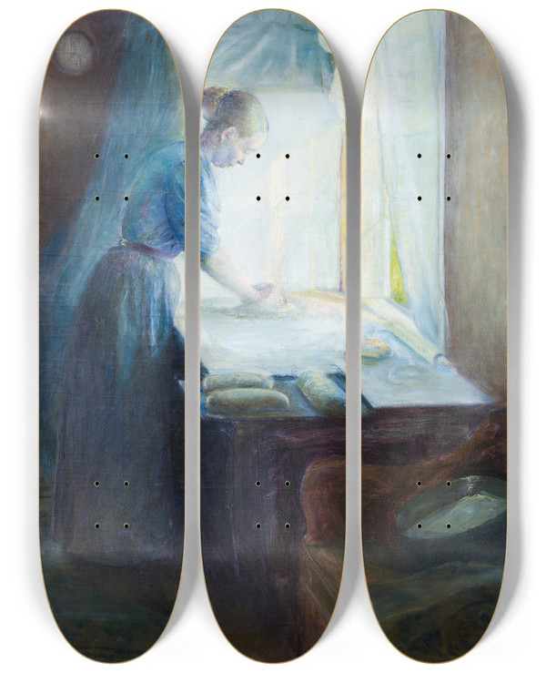 Triptych art skateboard deck of Charlotte Mannheimer Breadbaking by Charlotte Mannheimer (1866-1934)