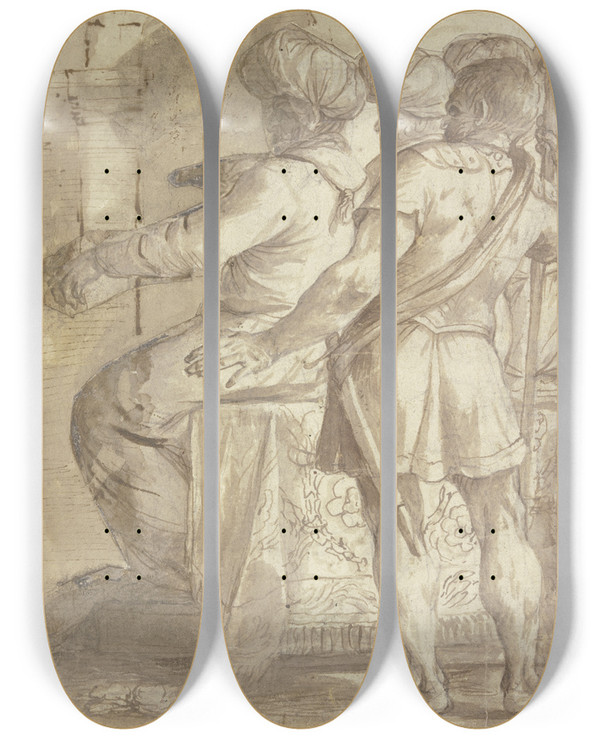 Triptych art skateboard deck of Annibale Carracci Zwei Trken Auf Einem Thron Nach Links Sitzend Hinter Ihnen Ein Wchter Mit Aufgesttztem Speer Alle Figuren In Dreiviertelrckenansicht by Annibale Carracci (1560-1609)