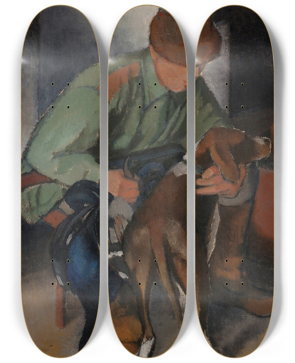 Triptych art skateboard deck of Alvar Cawn Hunter With His Hound by Alvar Cawen (1886-1935)