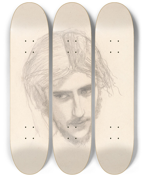 Triptych art skateboard deck of Sir John Everett Millais Study For The Head Of Ferdinand In Ferdinand Lured By Ariel_2 by Sir John Everett Millais (1829-1896)