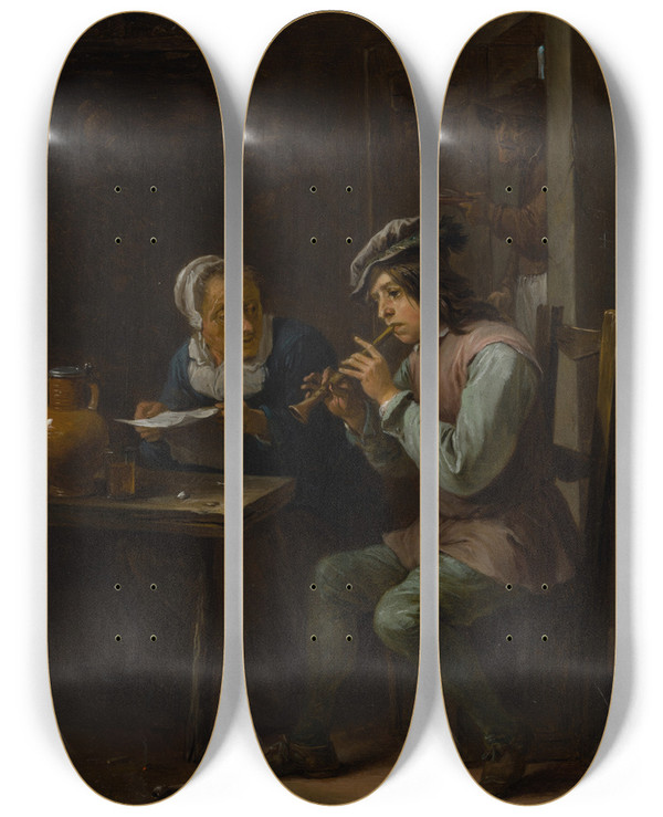 Triptych art skateboard deck of David Teniers The Younger The Flageolet Player by David Teniers The Younger (1610-1690)