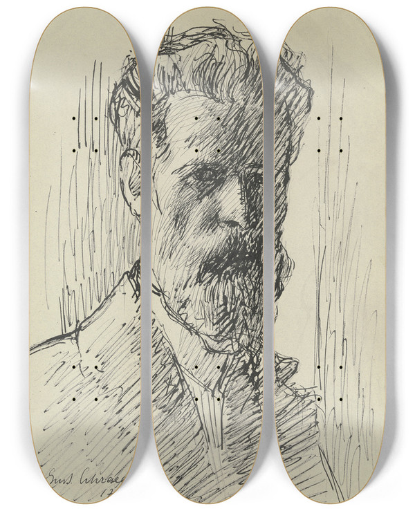 Triptych art skateboard deck of Gustav Schraegle Selfportrait by Gustav Schraegle (1867-1925)