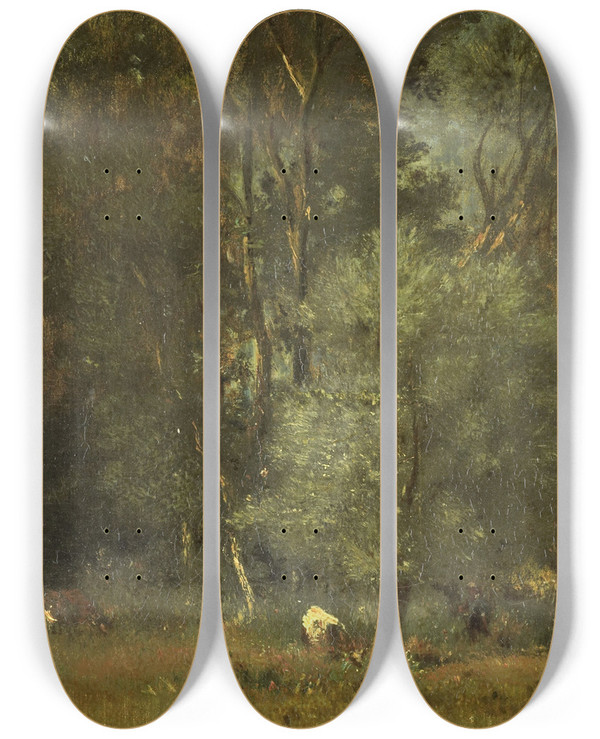 Triptych art skateboard deck of Jules Dupr View In The Woods by Jules Dupre (1811-1889)