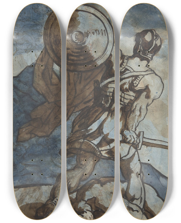 Triptych art skateboard deck of Thodore Gricault A Warrior Holding A Shield And Sword Seen From The Back by Theodore Gericault (1791-1824)