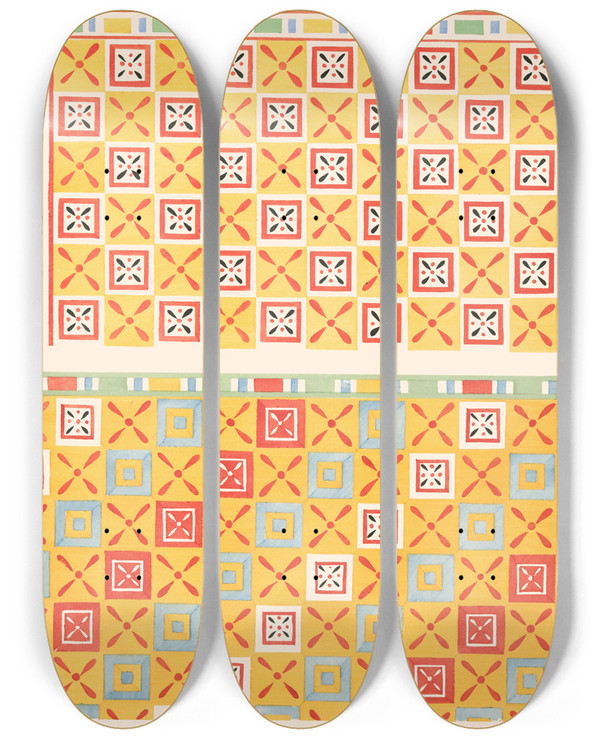 Triptych art skateboard deck of Gustave Jquier 16 Et 17 Plafonds Du Tombeau Damenemant N 58 by Gustave Jequier (1868-1946)