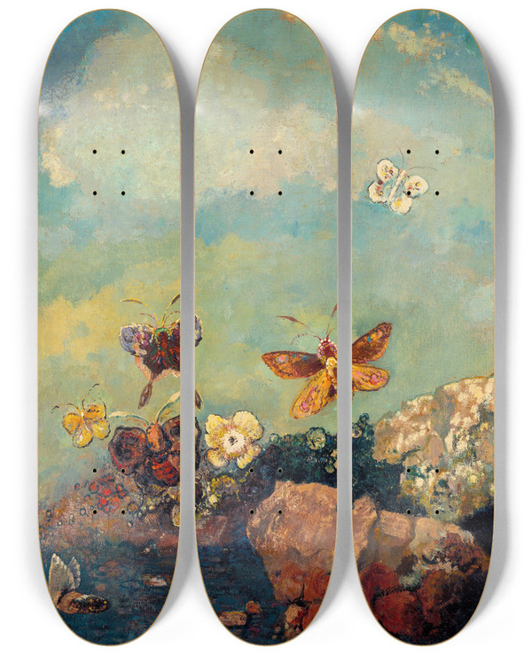 Triptych art skateboard deck of Odilon Redon Butterflies by Odilon Redon (1840-1916)