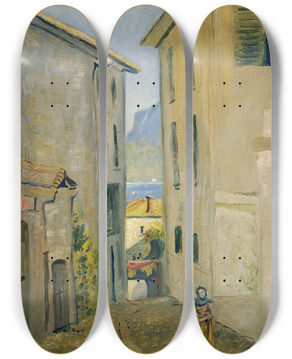 Triptych art skateboard deck of Louis Michel Eilshemius Street In Lugano by Louis Michel Eilshemius (1864-1941)
