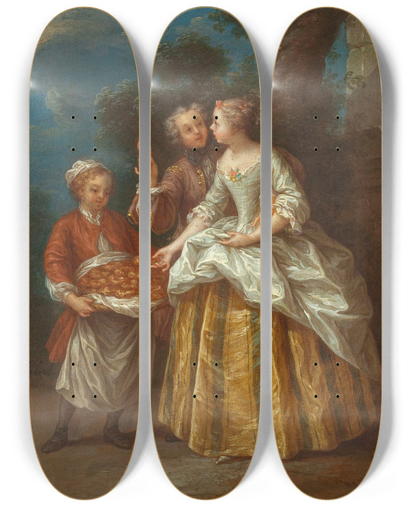 Triptych art skateboard deck of Jeanbaptiste Lebel Le Marchand Dchauds by Jean-Baptiste Lebel (1700-1749)