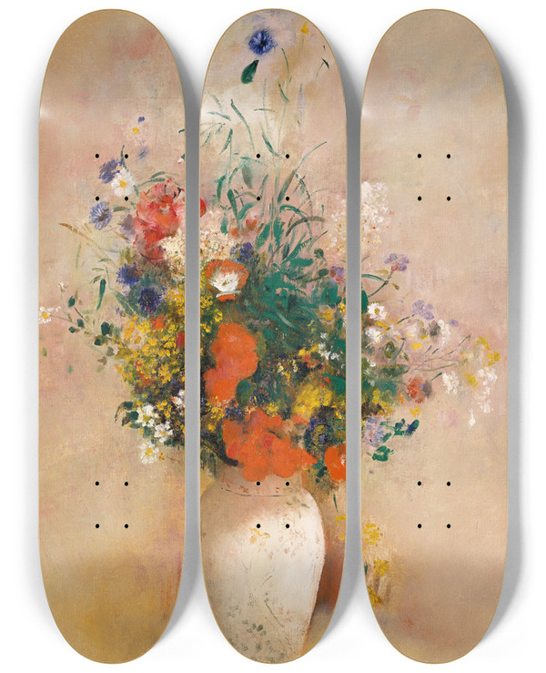 Triptych art skateboard deck of Odilon Redon Vase Of Flowers Pink Background by Odilon Redon (1840-1916)