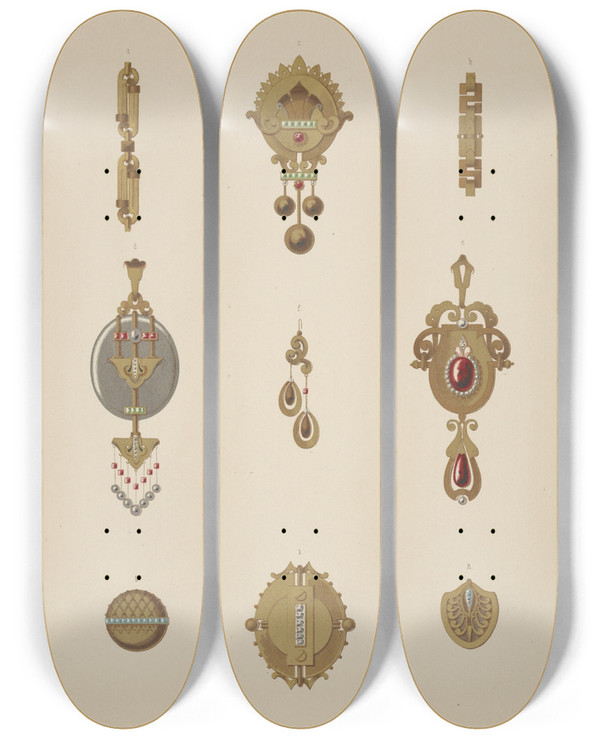 Triptych art skateboard deck of Martin Gerlach Nine Designs For Jewelry Including Gold Brooch With Green And Red Stones by Martin Gerlach (1846-1918)