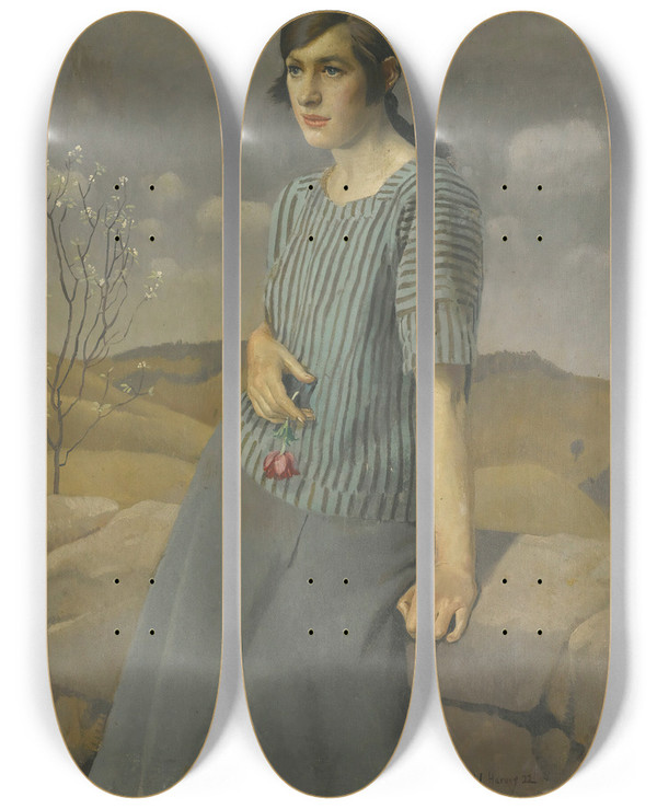 Triptych art skateboard deck of Harold Harvey Clara by Harold Harvey (1874-1941)