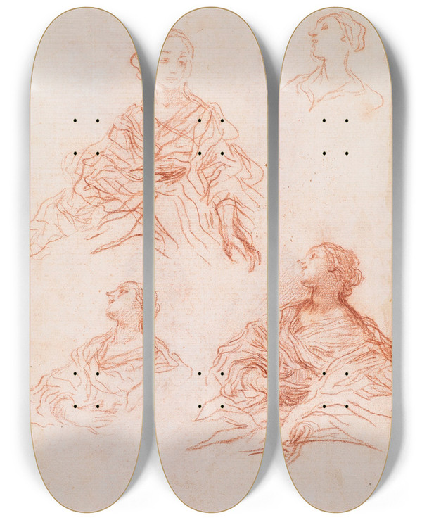 Triptych art skateboard deck of Baldassarre Franceschini Studies Of A Female Figure by Baldassarre Franceschini (1611-1689)