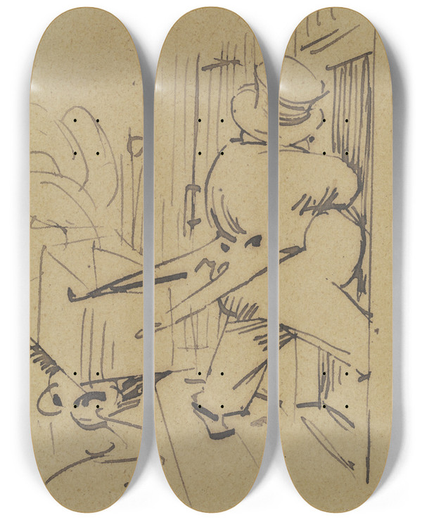 Triptych art skateboard deck of Wilhelm Busch Herr Knopp Durchschreitet Einen Raum by Wilhelm Busch (1832-1908)