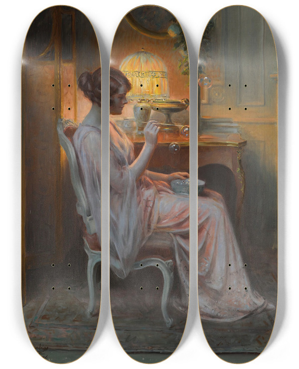 Triptych art skateboard deck of Delphin Enjolras Les Bulles De Savon by Delphin Enjolras (1857-1945)