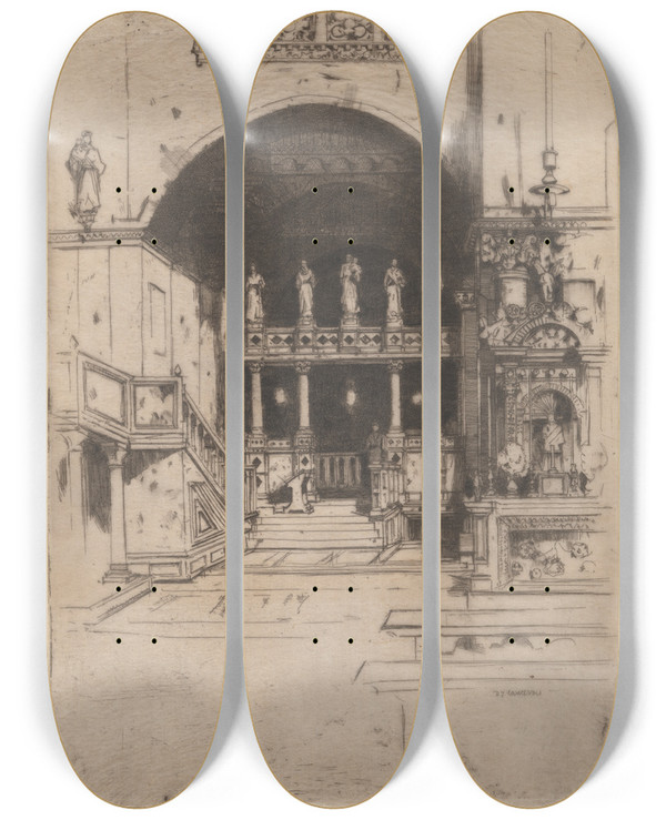 Triptych art skateboard deck of David Young Cameron St Marks No 3 by David Young Cameron (1865-1945)