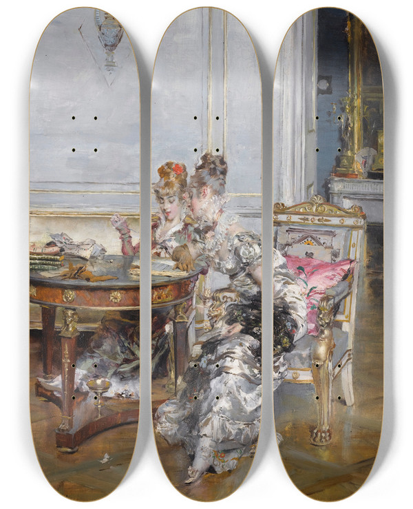 Triptych art skateboard deck of Giovanni Boldini Confidences by Giovanni Boldini (1842-1931)