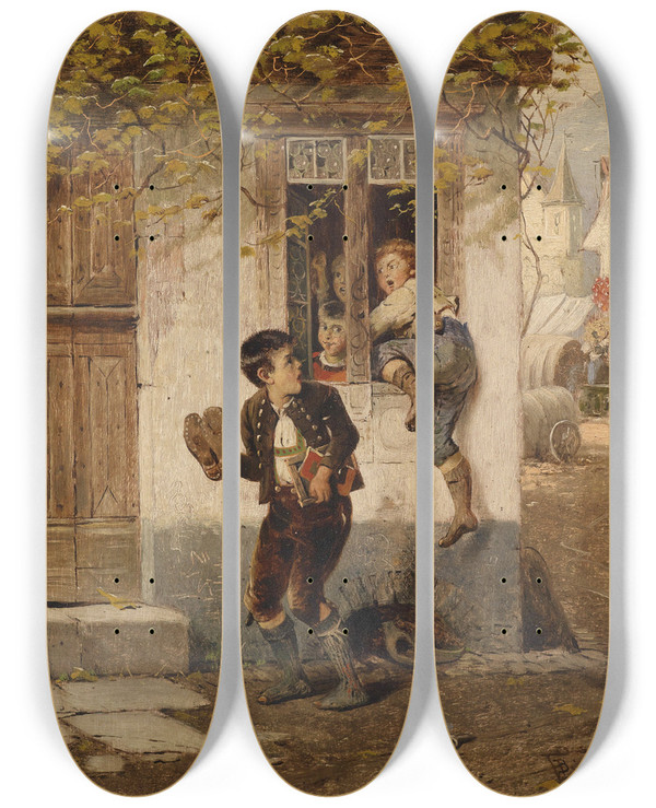 Triptych art skateboard deck of Fritz Beinke Die Schulschwnzer by Fritz Beinke (1842-1907)