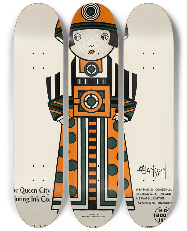 Triptych art skateboard deck of Augustus Jansson Queen City Ink Ad 02 by Augustus Jansson (1863-1931)