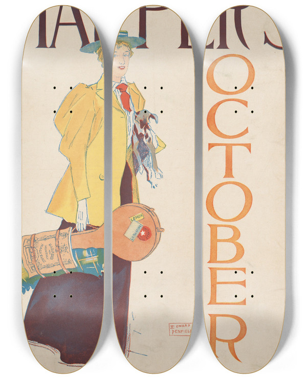 Triptych art skateboard deck of Edward Penfield Harpers October_1 by Edward Penfield (1866-1925)