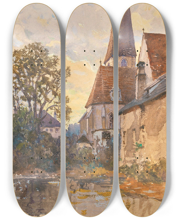 Triptych art skateboard deck of Fritz Lach The Church In Haidershofen Near Amstetten by Fritz Lach (1868-1933)