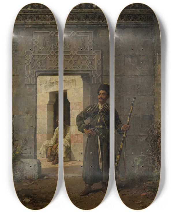 Triptych art skateboard deck of Stanisaw Von Chlebowski The Circassian Guards by Stanislaw Chlebowski (1835-1884)