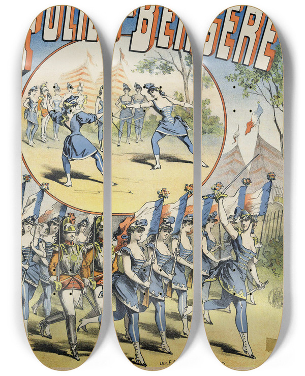 Triptych art skateboard deck of Jules Chret Foliesbergre by Jules Cheret (1836-1932)