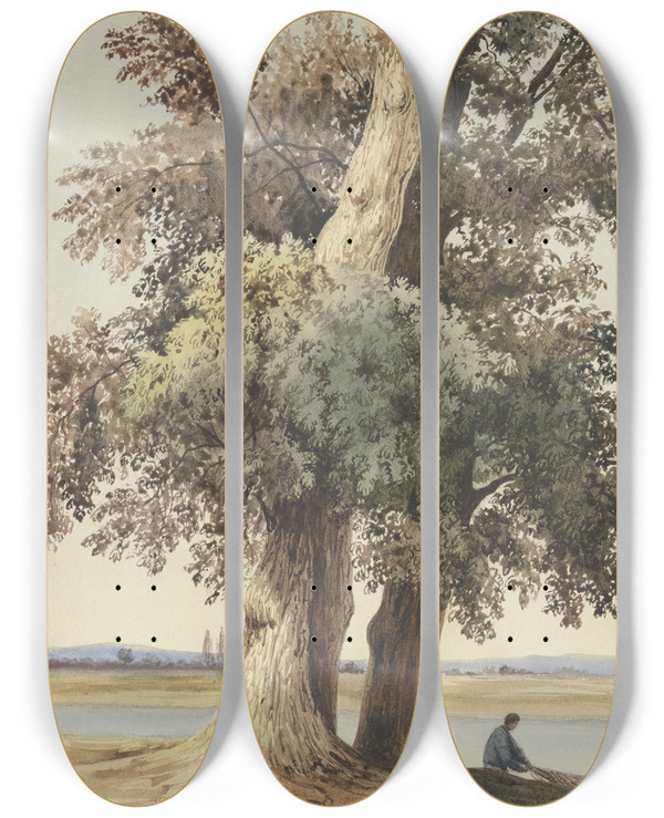 Triptych art skateboard deck of Ludwig Daniel Philipp Schmidt Two Trees On The River by Ludwig Daniel Philipp Schmidt