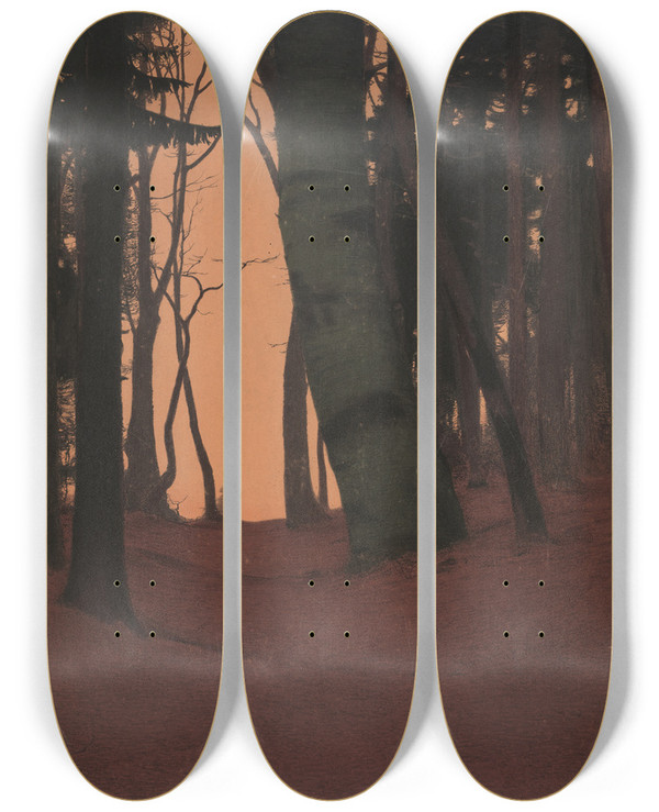 Triptych art skateboard deck of Gustav Kampmann Abend Im Wald by Gustav Kampmann (1859-1917)