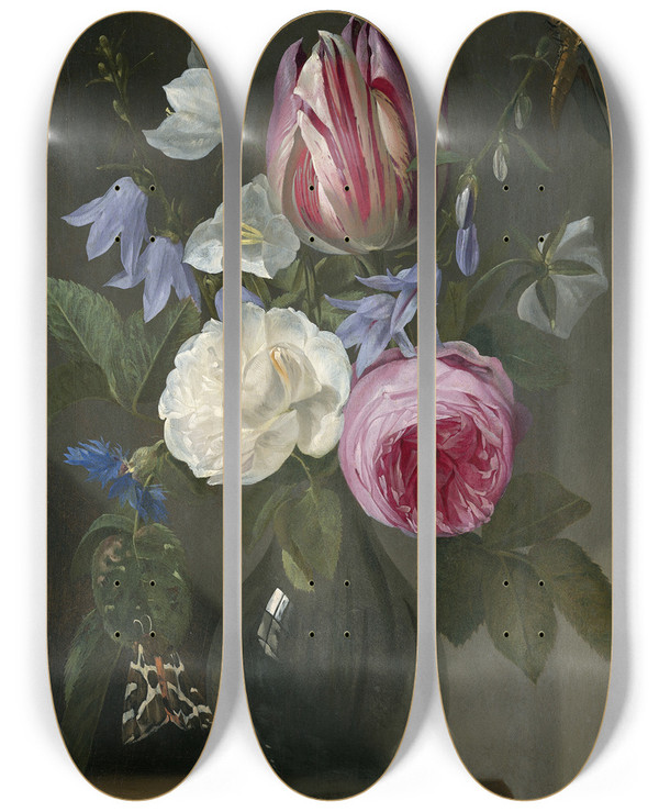 Triptych art skateboard deck of Jan Philips Van Thielen Roses And A Tulip In A Glass Vase by Jan Philips Van Thielen (1618-1667)