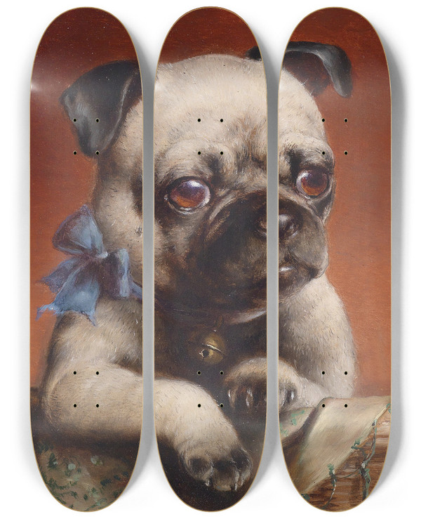 Triptych art skateboard deck of Carl Reichert Young Pug by Carl Reichert (1836-1918)