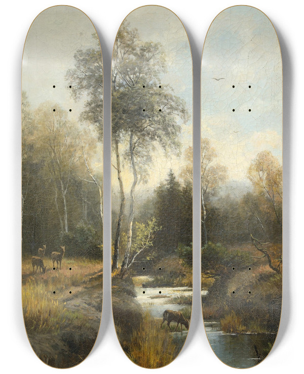 Triptych art skateboard deck of Emilie Medizpelikan A Wooded Landscape by Emilie Mediz Pelikan (1861-1908)