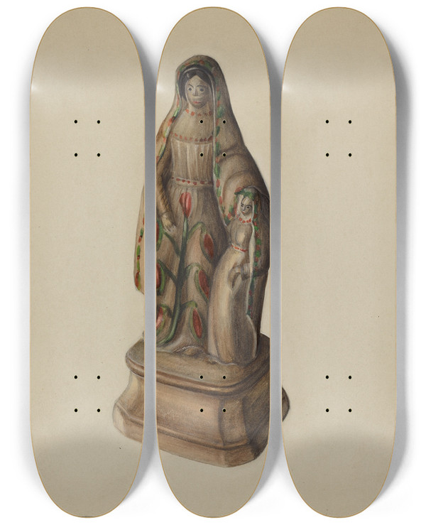 Triptych art skateboard deck of Mina Lowry Pa German Chalkware Mother And Child by Mina Lowry (1894-1942)