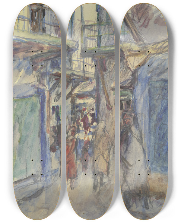 Triptych art skateboard deck of Jakob Nussbaum Street In Tiberias by Jakob Nussbaum (1873-1936)
