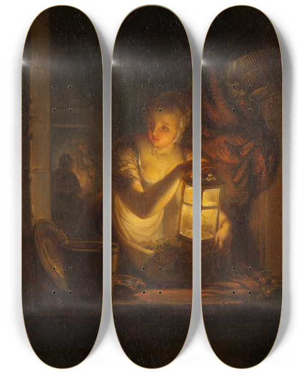 Triptych art skateboard deck of Alexander Laurus A Woman With A Lantern by Alexander Laureus (1783-1823)
