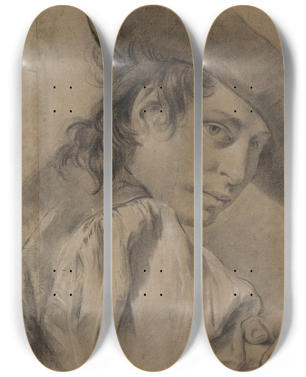 Triptych art skateboard deck of Giovanni Battista Piazzetta A Young Man In A Broad Hat by Giovanni Battista Piazzetta (1682-1754)
