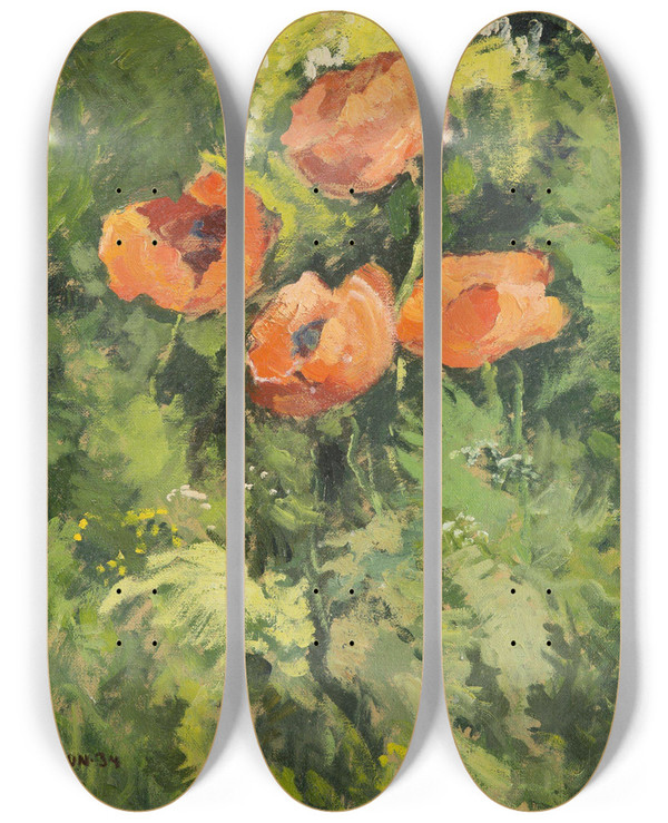 Triptych art skateboard deck of Gustav Macoun Wild Poppies by Gustav Macoun (1892-1934)