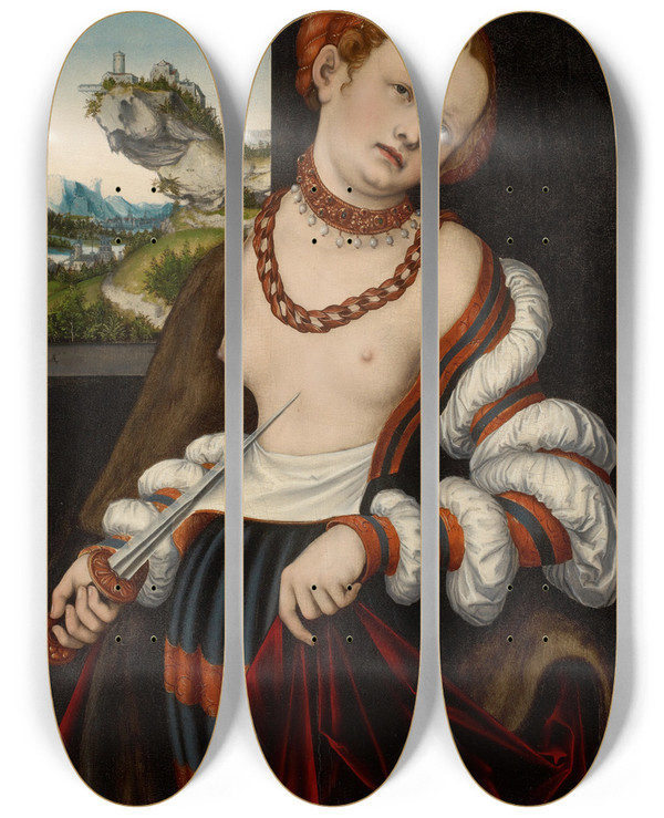 Triptych art skateboard deck of Lucas Cranach The Elder The Suicide Of Lucretia by Lucas Cranach The Elder (1472-1553)