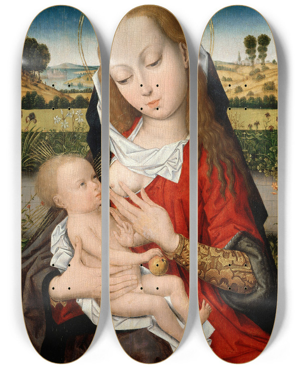 Triptych art skateboard deck of Master Of The Legend Of Saint Catherine Madonna And Child by Master of the Legend of Saint Catherine