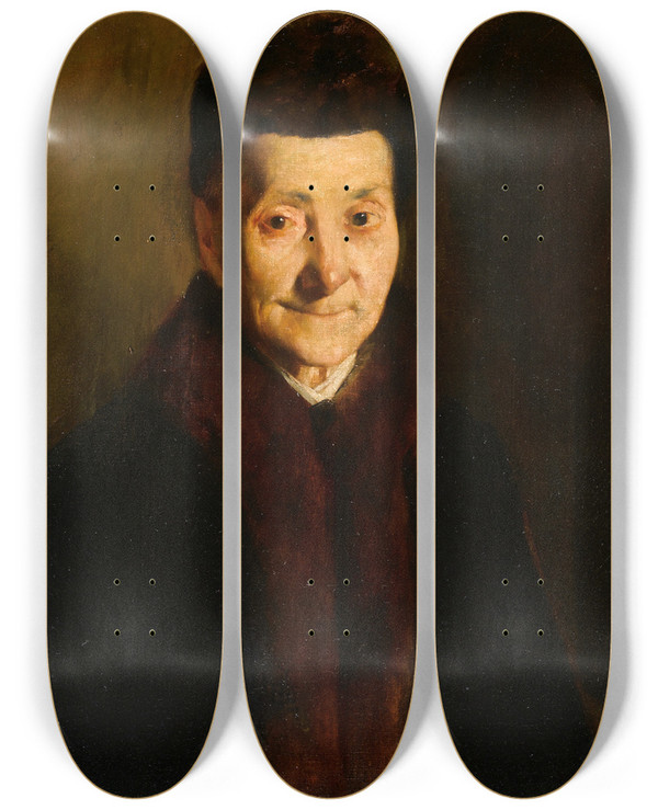 Triptych art skateboard deck of Frank Duveneck Portrait Of An Old Lady by Frank Duveneck (1848-1919)