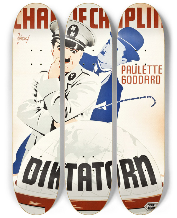 Triptych art skateboard deck of Eric Rohman The Great Dictator by Eric Rohman (1891-1949)