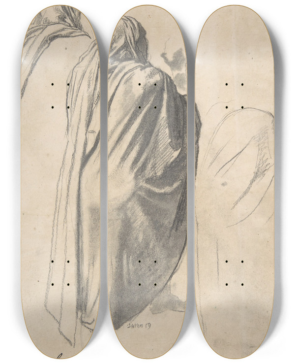 Triptych art skateboard deck of Henri Lehmann Back View Of A Male Figure Wearing A Cloak by Henri Lehmann (1814-1882)