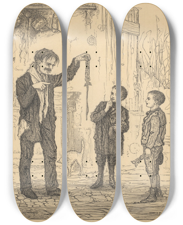 Triptych art skateboard deck of Willem Pothast Jongens Bij Een Man Met Schaatsijzers by Willem Pothast (1877-1916)