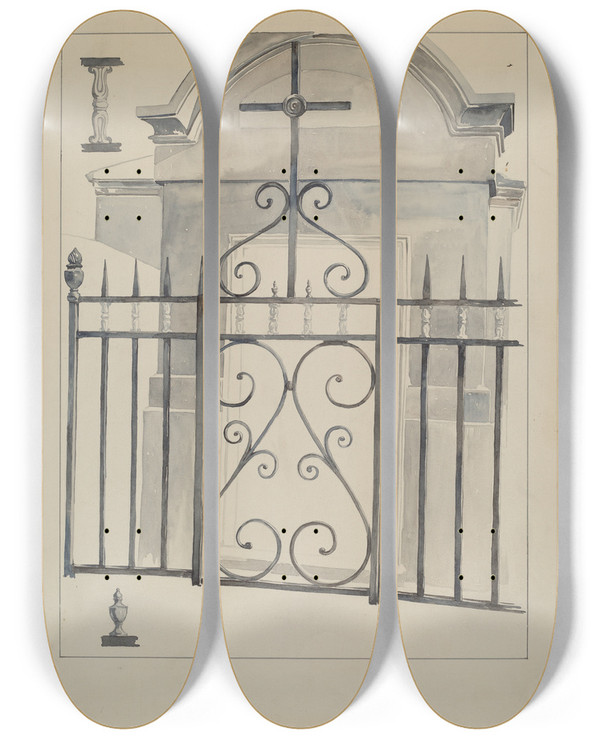 Triptych art skateboard deck of Arelia Arbo Iron Gate And Fence_3 by Arelia Arbo
