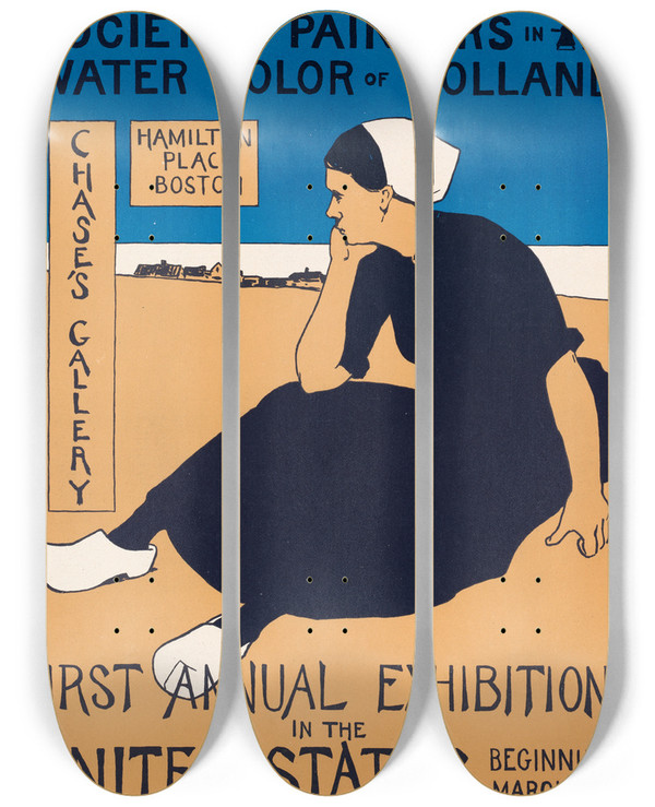 Triptych art skateboard deck of Charles Herbert Woodbury Society Of Painters In Water Color Of Holland by Charles Herbert Woodbury (1864-1940)