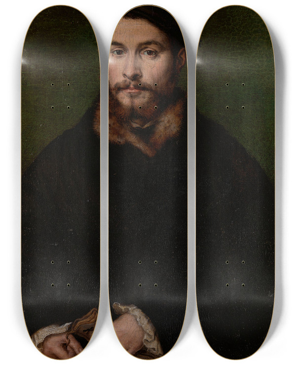 Triptych art skateboard deck of Corneille De Lyon Portrait Of A Man With Gloves_1 by Corneille de Lyon (1500-1575)