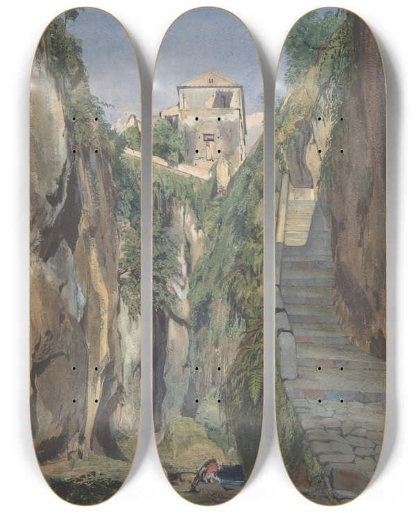 Triptych art skateboard deck of Thomas Hartley Cromek A Glen In Sorrento by Thomas Hartley Cromek (1809-1873)