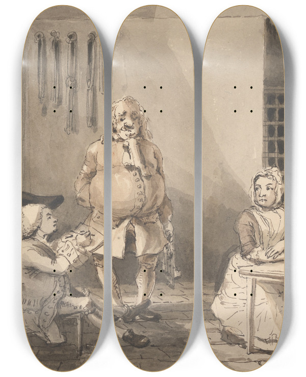 Triptych art skateboard deck of John Thomas Smith Hogarth Drawing Sarah Malcolm by John Thomas Smith (1766-1833)