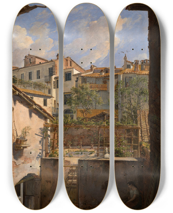 Triptych art skateboard deck of Friedrich Mosbrugger  Italienische Hinterhuser by Friedrich Mosbrugger (1804-1830)