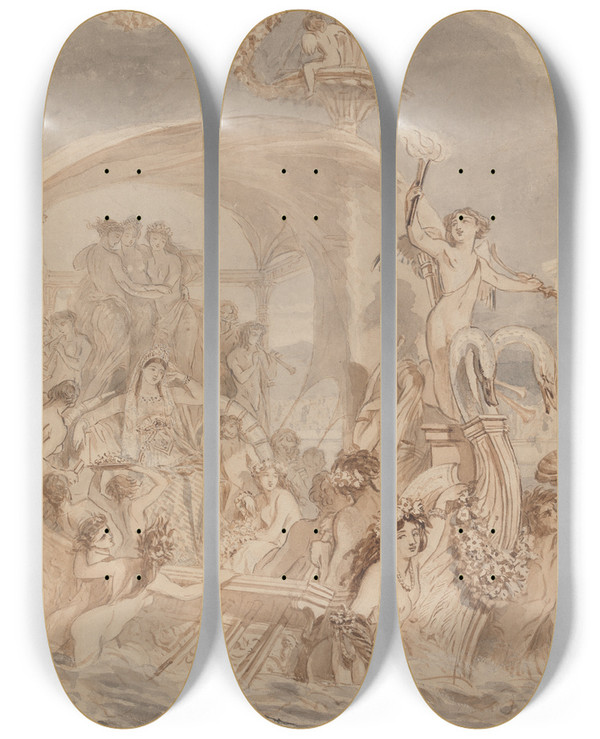 Triptych art skateboard deck of Alfred Edward Chalon Cleopatra On The Cydnus To Meet Antony by Alfred Edward Chalon (1780-1860)